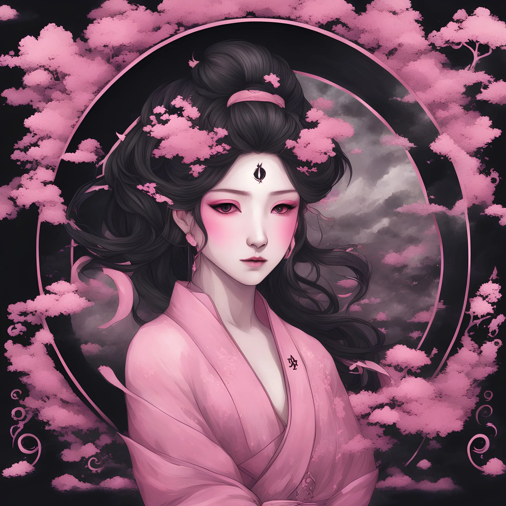 art, fantasy, pink, black, triskelion, beautiful style, Japan