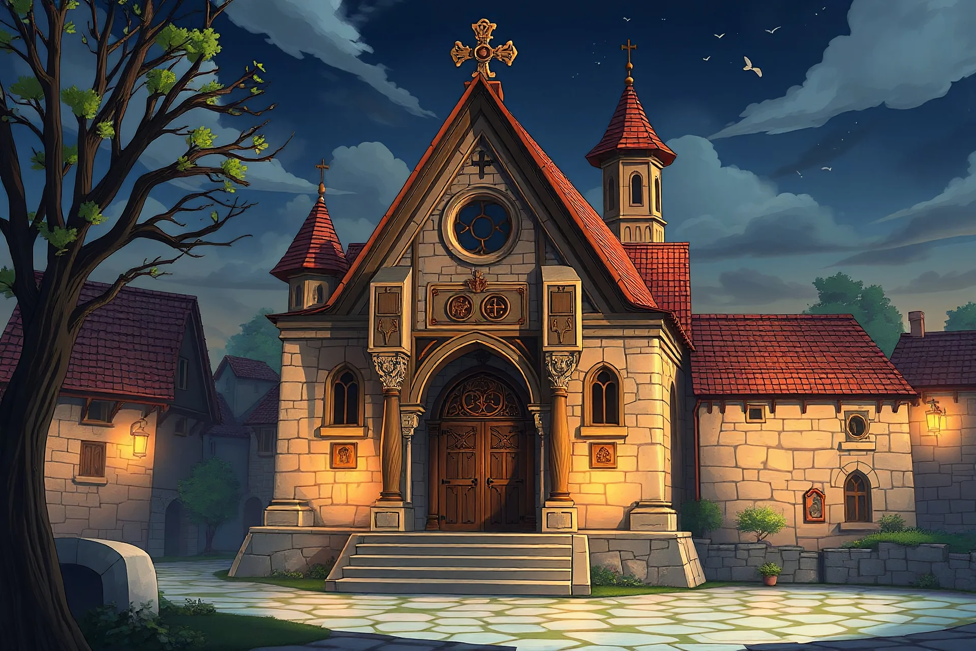 Medieval city chapel in anime style