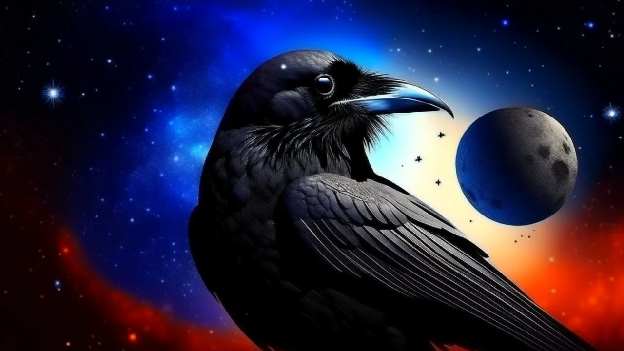 Crow in a space an the background of planets