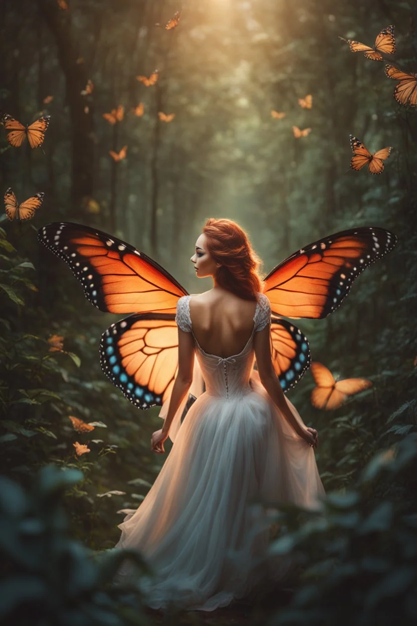 Gorgeous Photography Beautiful Lady Butterfly with wings straddle,background wonderland, panoramic shot ,portrait, epic fantasy