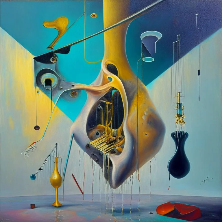 Abstract painting formed by a mix of human flesh-like surgical instruments and universe-like neuralink,strange musical instruments,minimalism,Painting By Adrian Ghenie, Rene Magritte, Salvador Dali, Lucian Freud