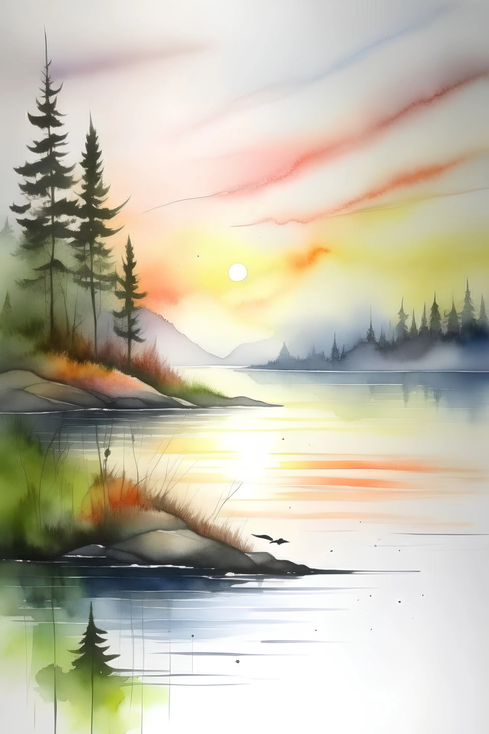 beautiful lake sunrise on a misty morning. in the hieght of fall. Pastel colours Watercolour watercolour art