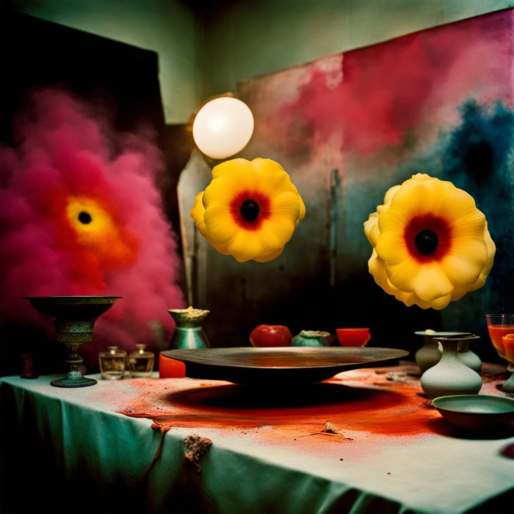 Close up polaroid photography of spooky room, eerie, table, Max Ernst, colored powder, Yves Tanguy, hypnotic, giant flowers, volumetric light, colors, details of the table very accentuated, filthy pieces of dismebered body, strong contrasts and dynamism