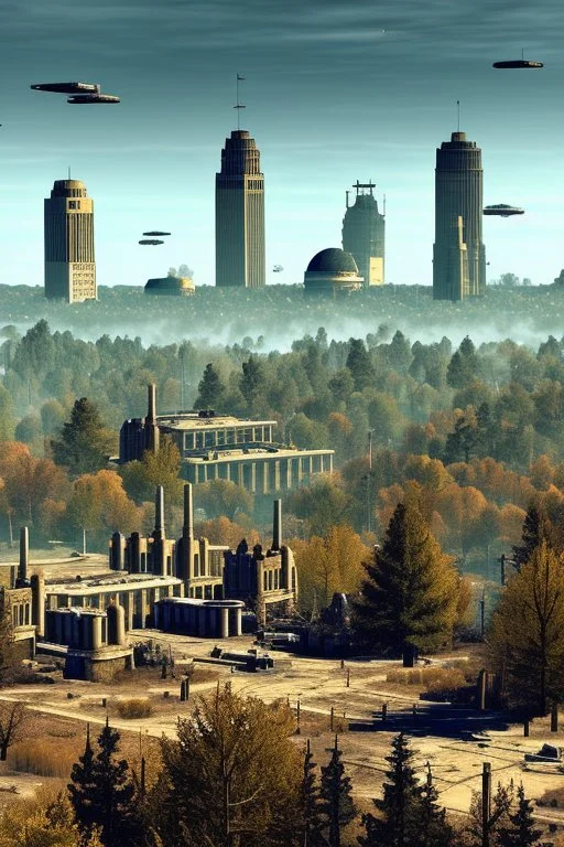 The remains of the city of Madison, Wi, as it would be depicted in the Fallout series of video games. Photorealistic, color