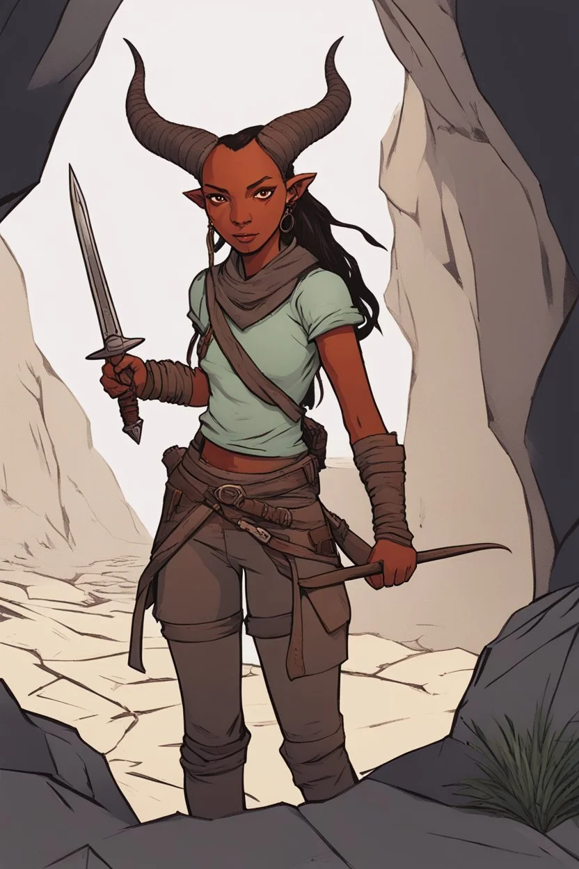 A DnD character. A female horned Tiefling ranger with pointy ears standing in a cave. The Tiefling has a little pterosaurs on her shoulder and a rapier in her hand.