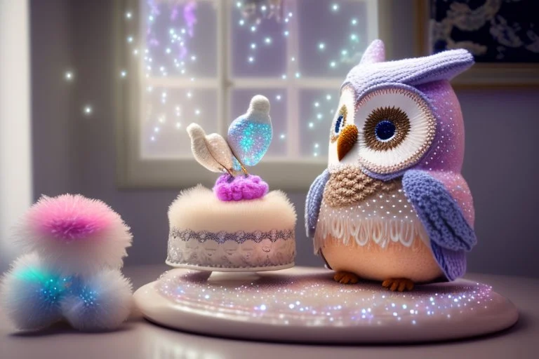 cute chibi plushy fluffy knitted and embroidered natural colored owl with cake in a kitchen, feathers, iridescent flowers incorporated, light emitting, bioluminescent holographic room, silver foil, sparkling diamonds, holographic raw pearls, ethereal, cinematic postprocessing