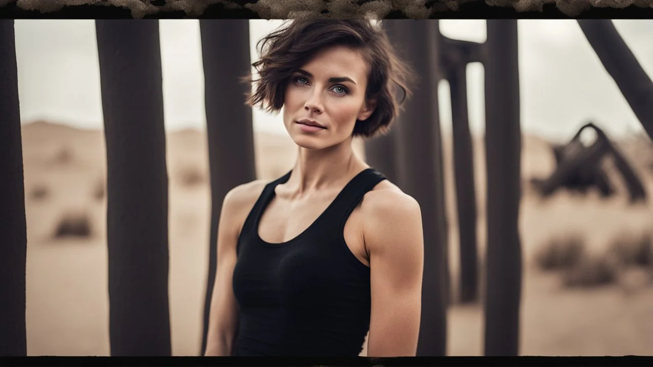 beautiful slender caucasian female technician, black tank top, well toned muscles, weathered face, scratched sand camo metal details, short brunette wavy bob haircut, dystopian, desert scene, using a handheld sensor