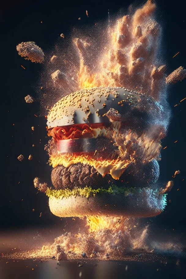 a burger exploding into dust, extremely detailed dust particle details, natural colours, meticulously intricate perfectly symmetrical extremely detailed, pixiv daily ranking, pixiv, extreme depth of field, artstation, sculpture style, spectacular details, volumetric lighting, masterpiece, cinematic, Hollywood production, 8k resolution, high definition, max octane render, vivid colors, max resolution, unreal engine , max perfectionism, realistic composition, professional photography, max focus, m