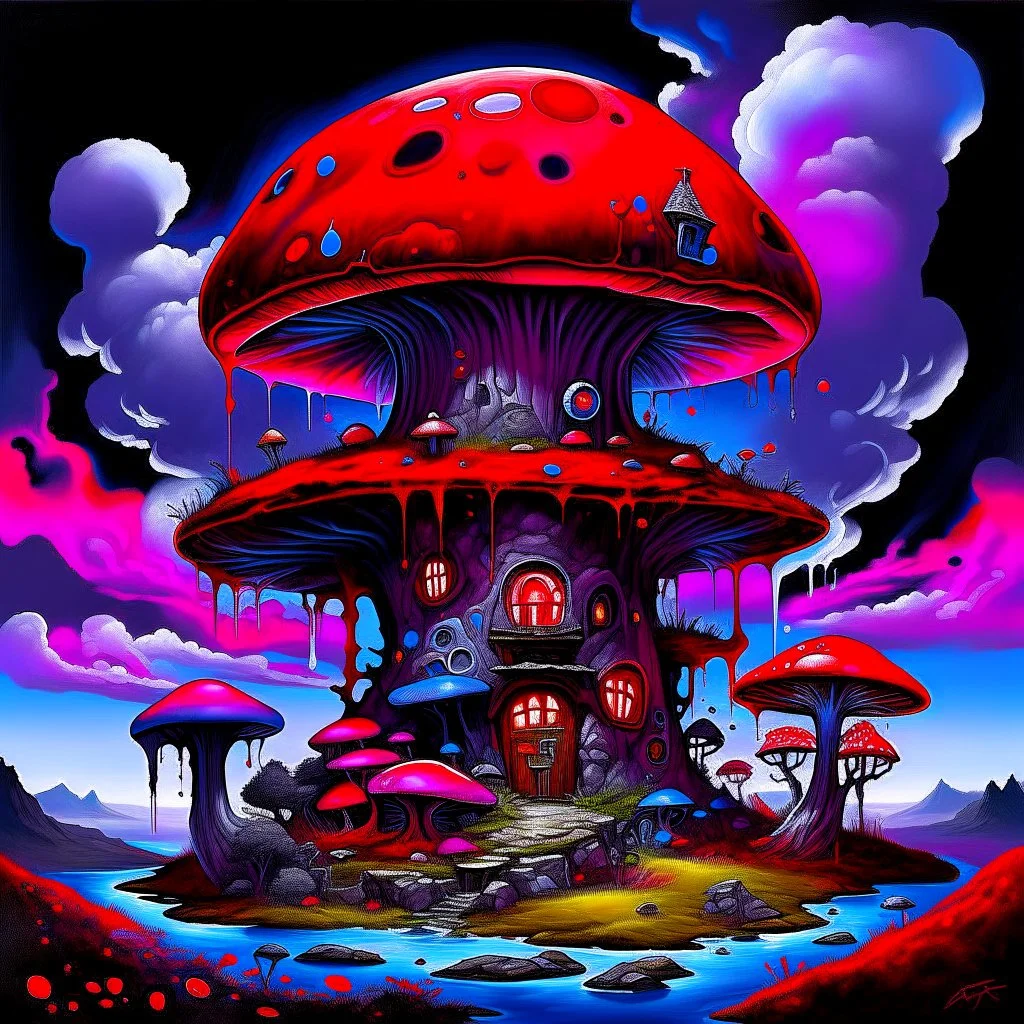 A fantabulous black, red, and blue (((mushroom tower house))) erected atop a (geologic pillar), surrounded by the uncanny imaginative ((( swirling skies))), offset by the stark hues of a (neon-tinged nebulous space scape), within. captured by the hand a skilled master painter with a focus on (softly blurred compositions and voluminous lighting).