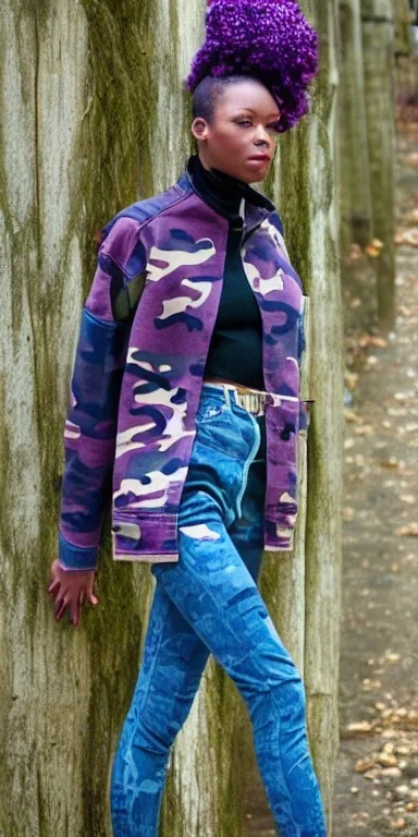 Model, woman. sérigraphie on denim with purple, lilac, green, khaki and crimson, red colors. Camouflage patterns are screen printed on denim. Woman in her 30's. thick thighs, thick calves, flat belly, wide hip. Mantle made of recycled Denim by sewing. Sewed camouflage patterns together. Big bright purple and blue felt pieces makes mantle, which is merged with satchel. purple tippet and cream-colored-hood. AKG headphones is merged with small felt cap with small visor. Haute Couture, 1990's