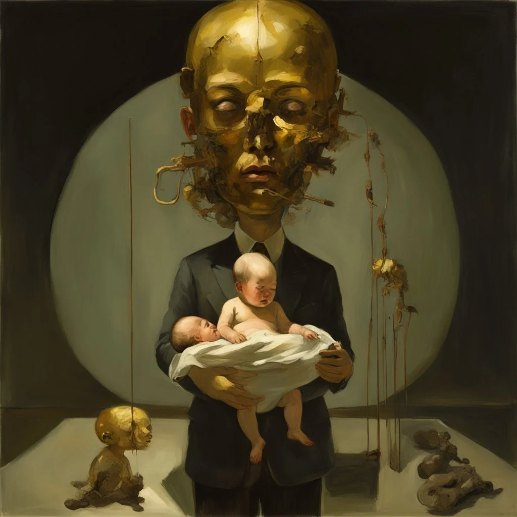 a huge golden brain supported by very small beautiful Asian female human bodies, complex surgical instruments mix a newborn boy between light and shadow, surrealism, symbolism, minimalism, sculpture by Adrian Ghenie, Lucian Freud, Rene Magritte, Salvador Dali