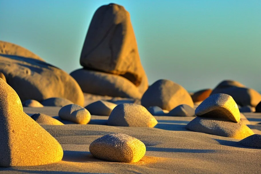 Sunny day, people, rocks, sand, distant modern city