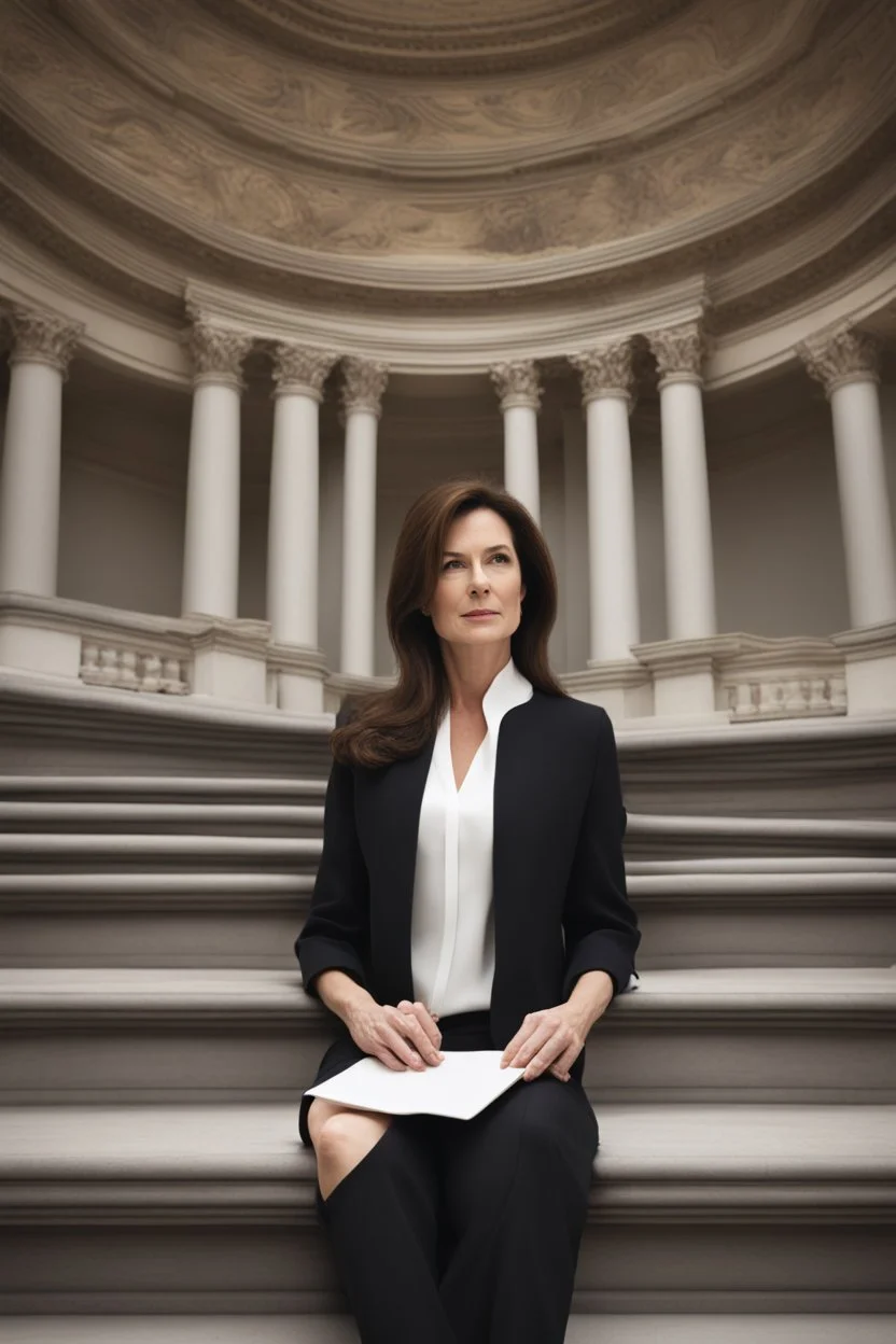 Powerful classical portrait of a modern brunette politician in her late 40s wearing a dark top a little zoomed out