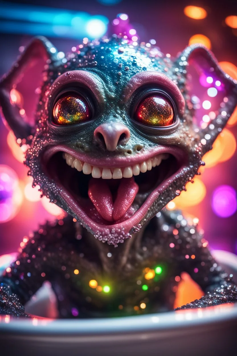 portrait through dirty warped lens of ultimate transcendent happy disco ball helmet pimp kobold gremlin alien frown with spotlights and huge dripping tounge sticking head out of a bathtub portal, in front of space portal dimensional glittering device, bokeh like f/0.8, tilt-shift lens 8k, high detail, smooth render, down-light, unreal engine, prize winning