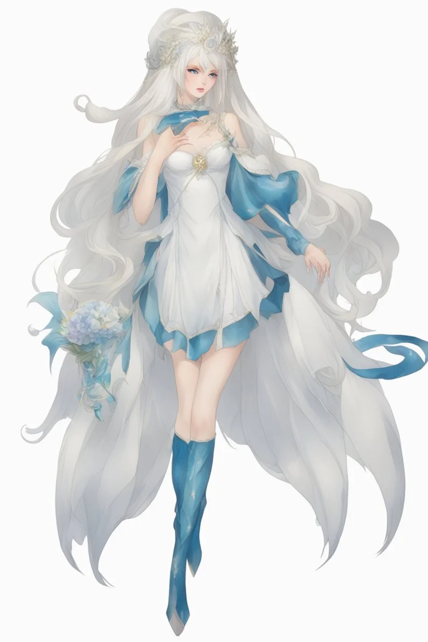 Moon queen long white hair, black robes, blue eyes