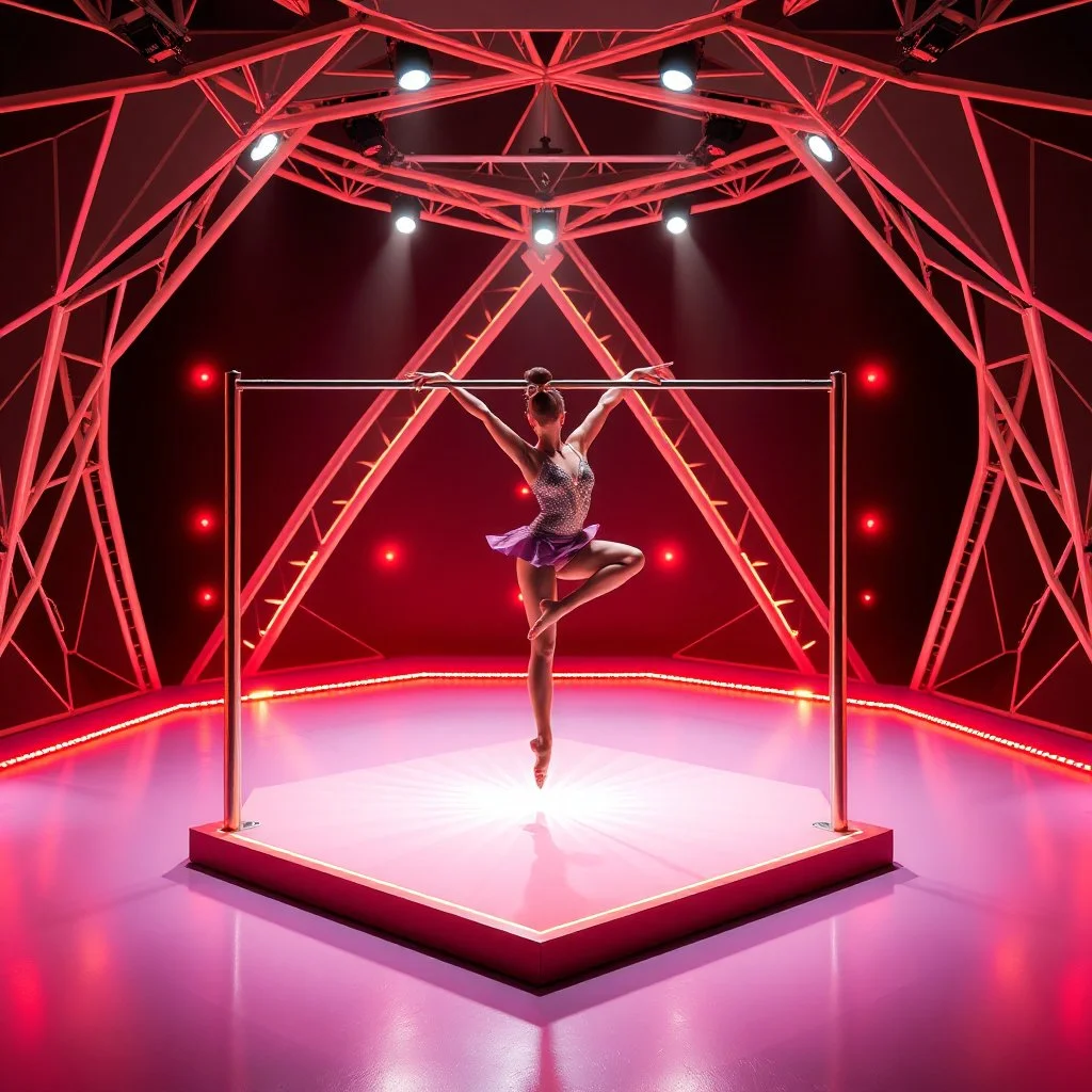 a picture of a gymnast lady show her performance on gymnastic parallel bar in a modern stage made of 3d geometric recursive structures and dynamic color lights