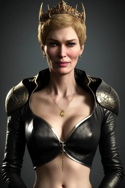 Cersei Lannister as evil queen in black leather, busty, cleavage, curvy, lena headay, angry, stern look. character design by cory loftis, fenghua zhong, ryohei hase, ismail inceoglu and ruan jia. unreal engine 5, artistic lighting, highly detailed, photorealistic, fantasy