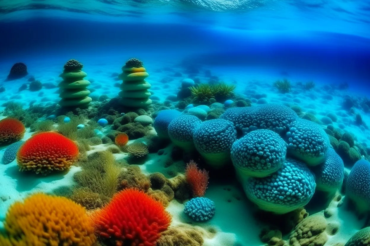 A blue beach near an underwater coral reef designed in Matryoshka dolls painted by Frank Lloyd Wright