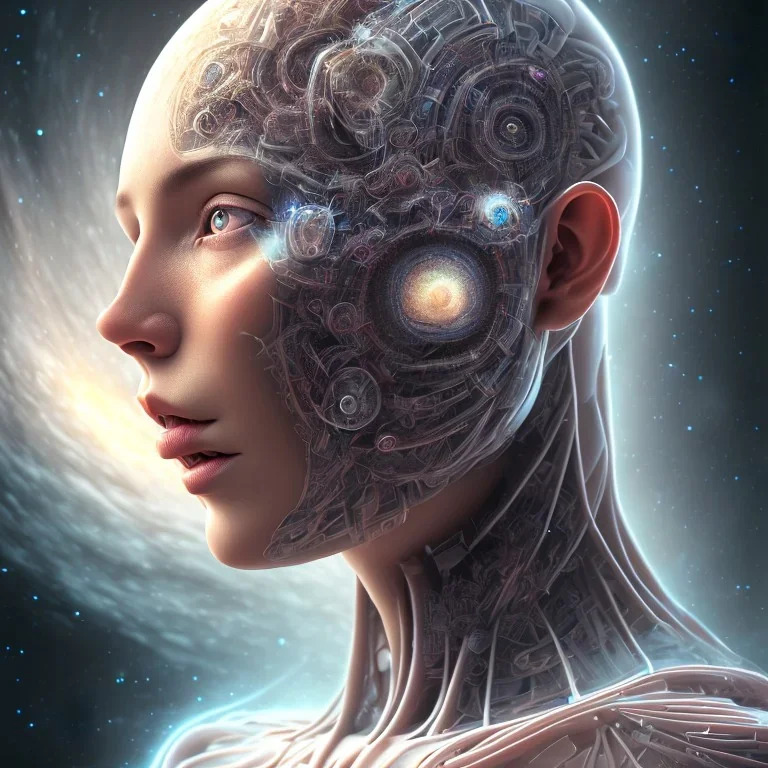 portrait full human body, meditation, third eye, universe, fourth dimension, fractal, realistic, 8k, high quality, extreme detail, symmetrical,