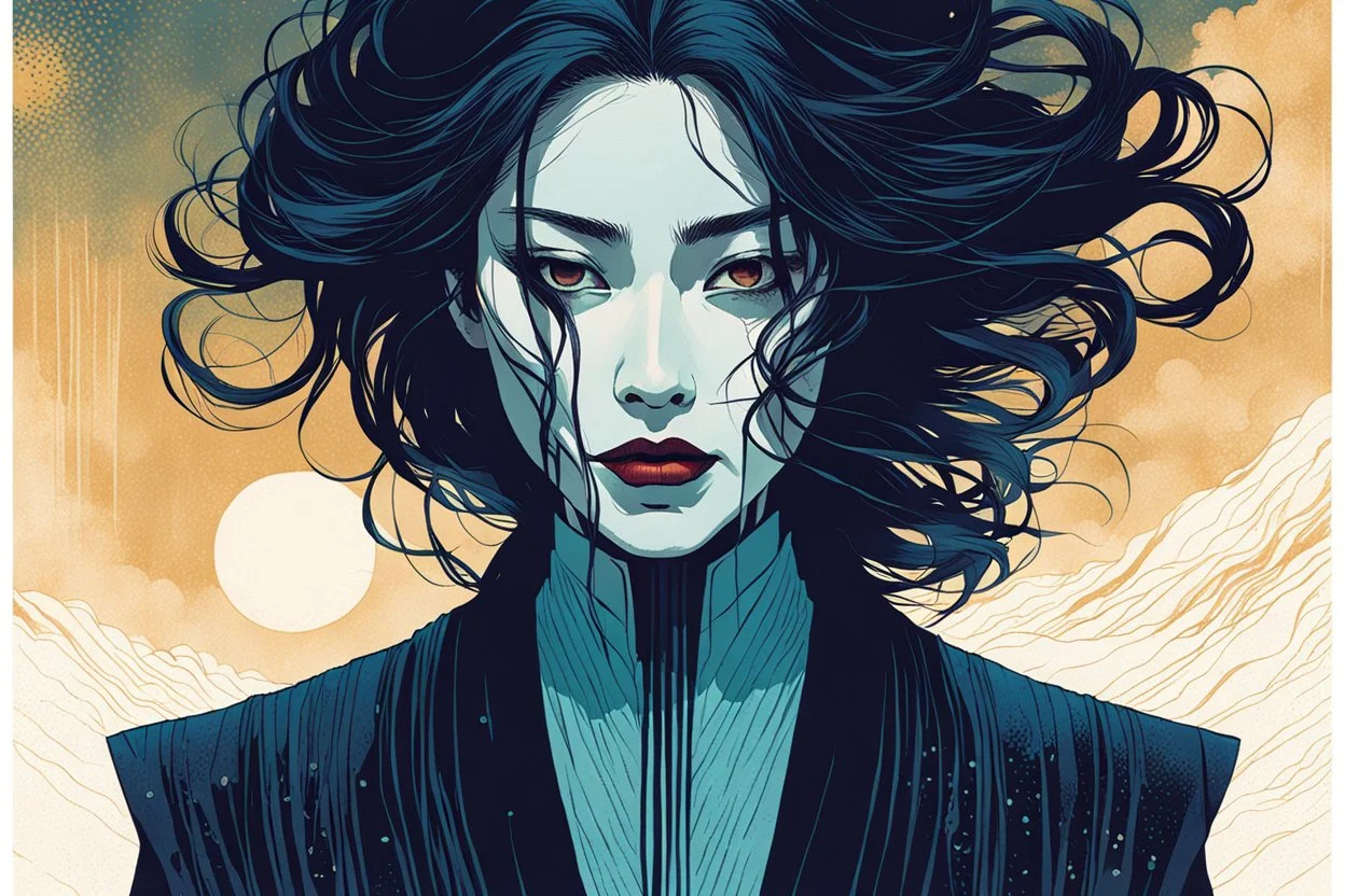 create an imaginative print illustration of an ethereal, otherworldly gaunt and withered ancient female Lasombra vampire , in the style of Hasui Kawase , Shiro Kasamatsu combined with the graphic novel style of Bill Sienkiewicz, with highly detailed feminine facial features