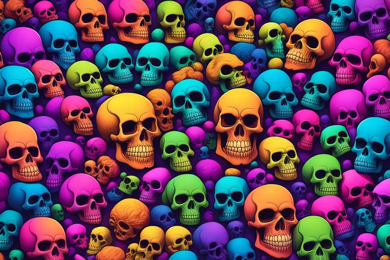a field of 1000s of cartoonish, anatomically correct, skulls, vivid RANDOM BRIGHT neon colors, dark comedy, well lit, high detail, photorealistic, horrorcore, fun, scary, none featured, each a different color or hue,