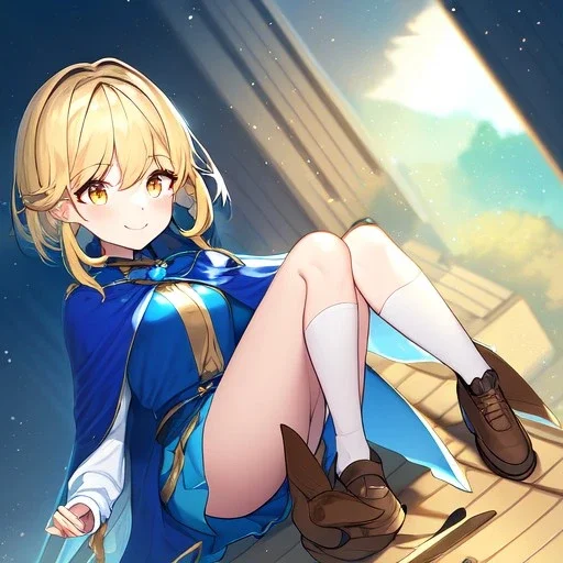 Clear focus, High resolution, Rough line, cute, cartoon style, blonde short hair, golden eyes, long locks, spiky hair, wearing a white sleevless shirt, wearing a blue cloak, wearing a light blue skirt, wearing white long socks and brown shoes, smiling, 1girl, sitting