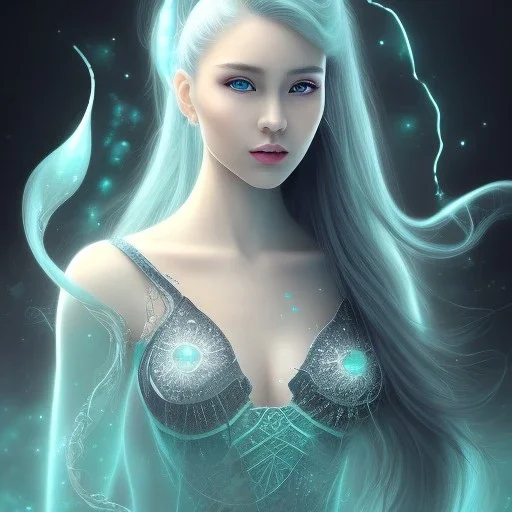 Air witch, majestic beauty, Asian woman, silver colored eyes, aqua hair in a long ponytail, wearing an aqua witch hat, wearing an aqua crystal necklace