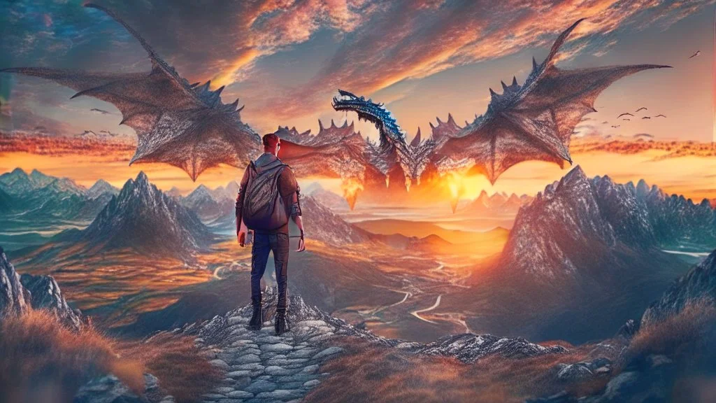 Human with dragon wings flying in the sky with people beneath walking and looking at him up, sunset background with hills, mountains and huts intricate details, shot on 64 megapixels Canon, DSLR camera