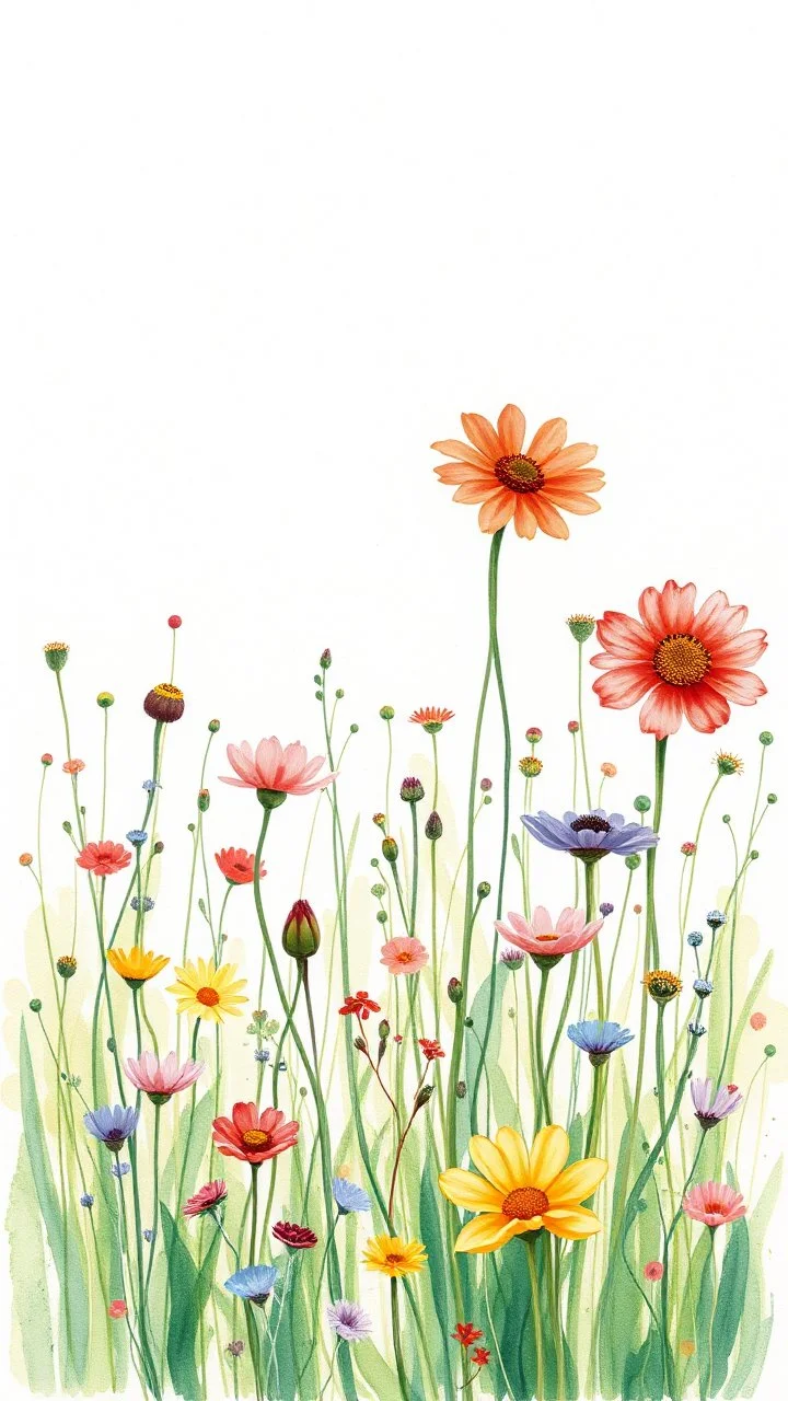 a smear . Field of wild a colorful flowers watercolor drawing