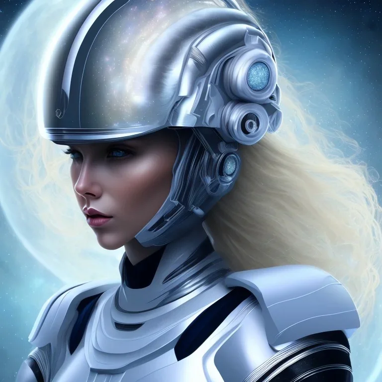 A beautiful portrait of a young galactic woman blonde hair with a helmet in a galactic suit in cosmos blue