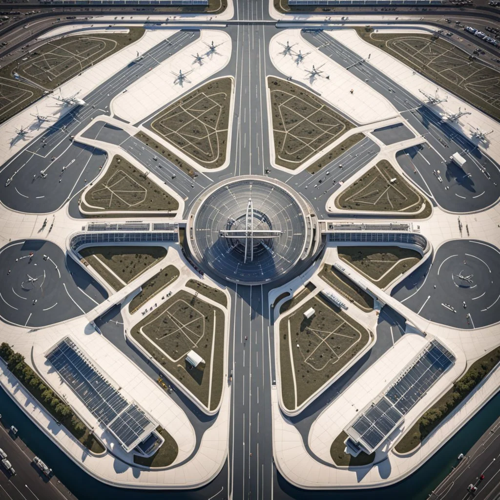 Vista aérea simétrica de un aeropuerto en forma de hormiga, espectacular, impactante, calidad ultra, maximalista, 8k 3D