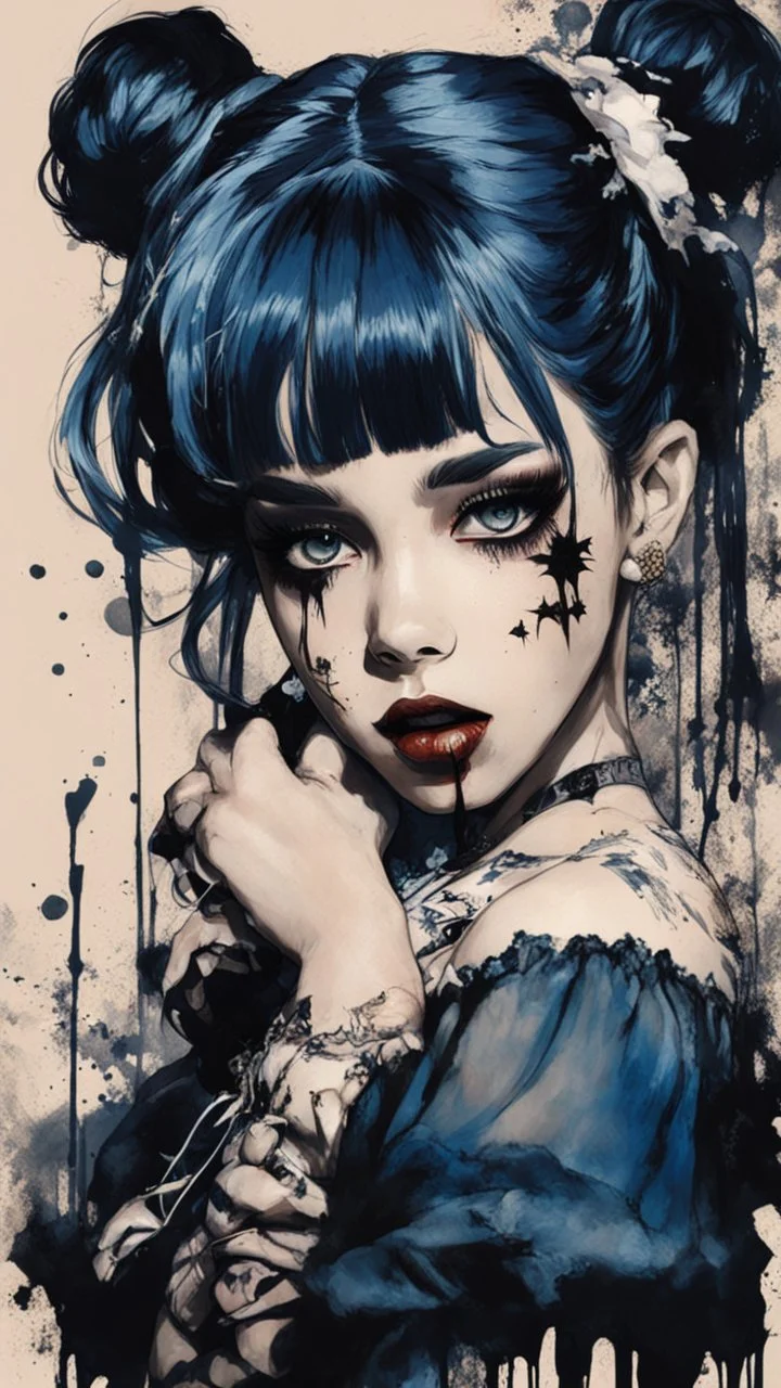 Poster in two gradually, a one side malevolent goth vampire girl face and other side the Singer Melanie Martinez face, full body, painting by Yoji Shinkawa, darkblue and sepia tones,