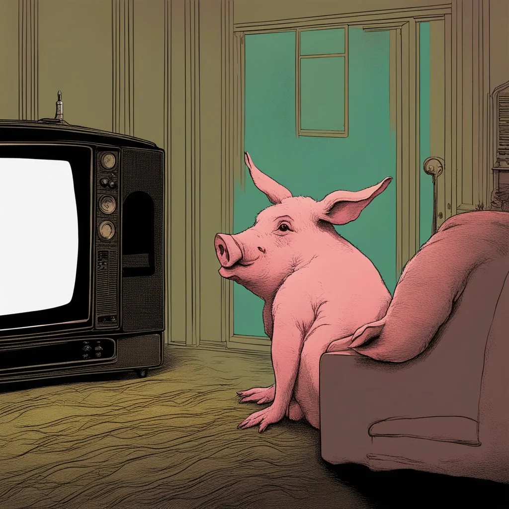 pig watching a tv about video game persona with a rabbit playing music beksinski style