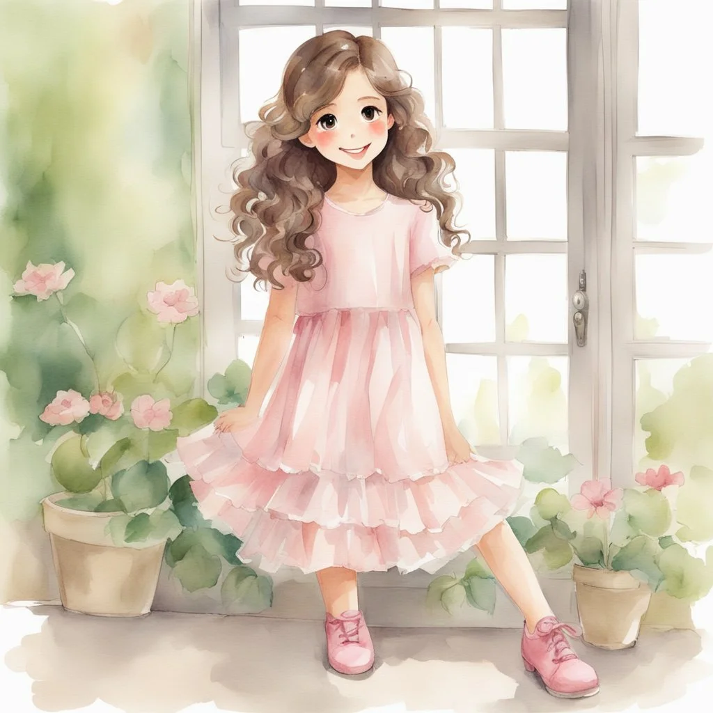 watercolor, full body, cute smile girl, curly hair, big eyes, long brown hair, pink dress, pink shoes, white backgrownd