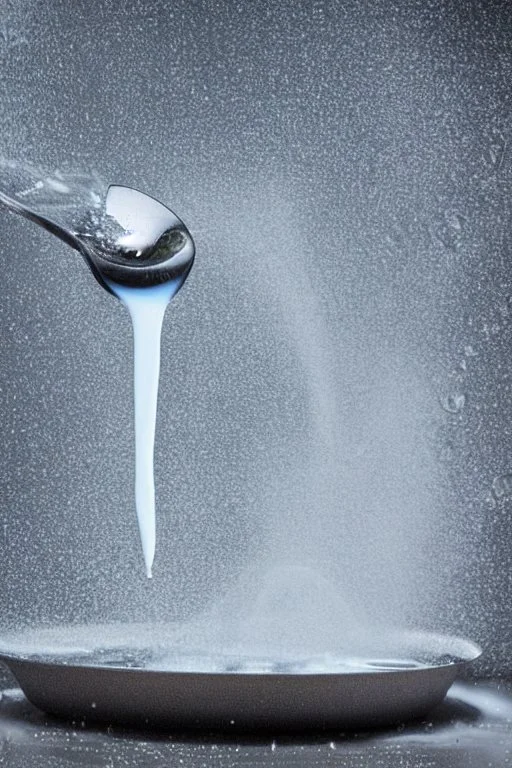 in focus, a jet of water flows into a spoon and splashes everywhere