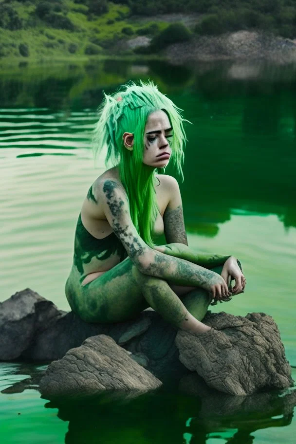 woman sitting on a rock, in a lake, green mottled skin, green hair