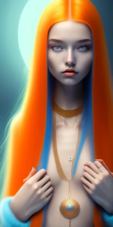 human kingfisher girl with long straight blue hair and orange strand of hair wearing a blue winter coat and a gold necklace