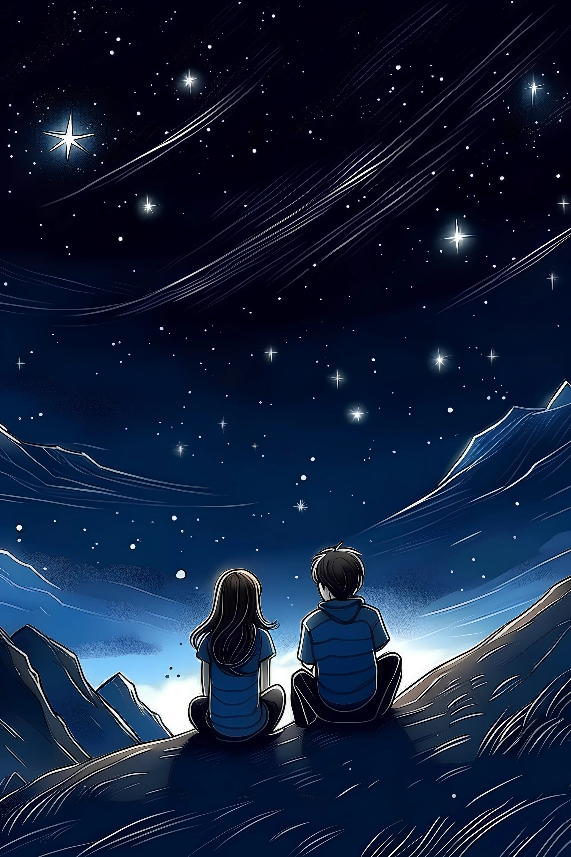 Draw an image of a girl and a boy in love under starry sky on mountains
