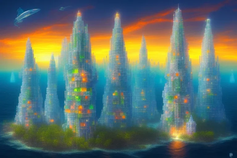 One mile tall underwater plastic city Towers made out of stacked Rubik's Cubes, Orange, white, blue, green. Stormy sky