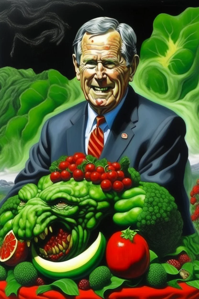 President George Bush painted as the devil puking throwing up barfing up broccoli on the island of japan