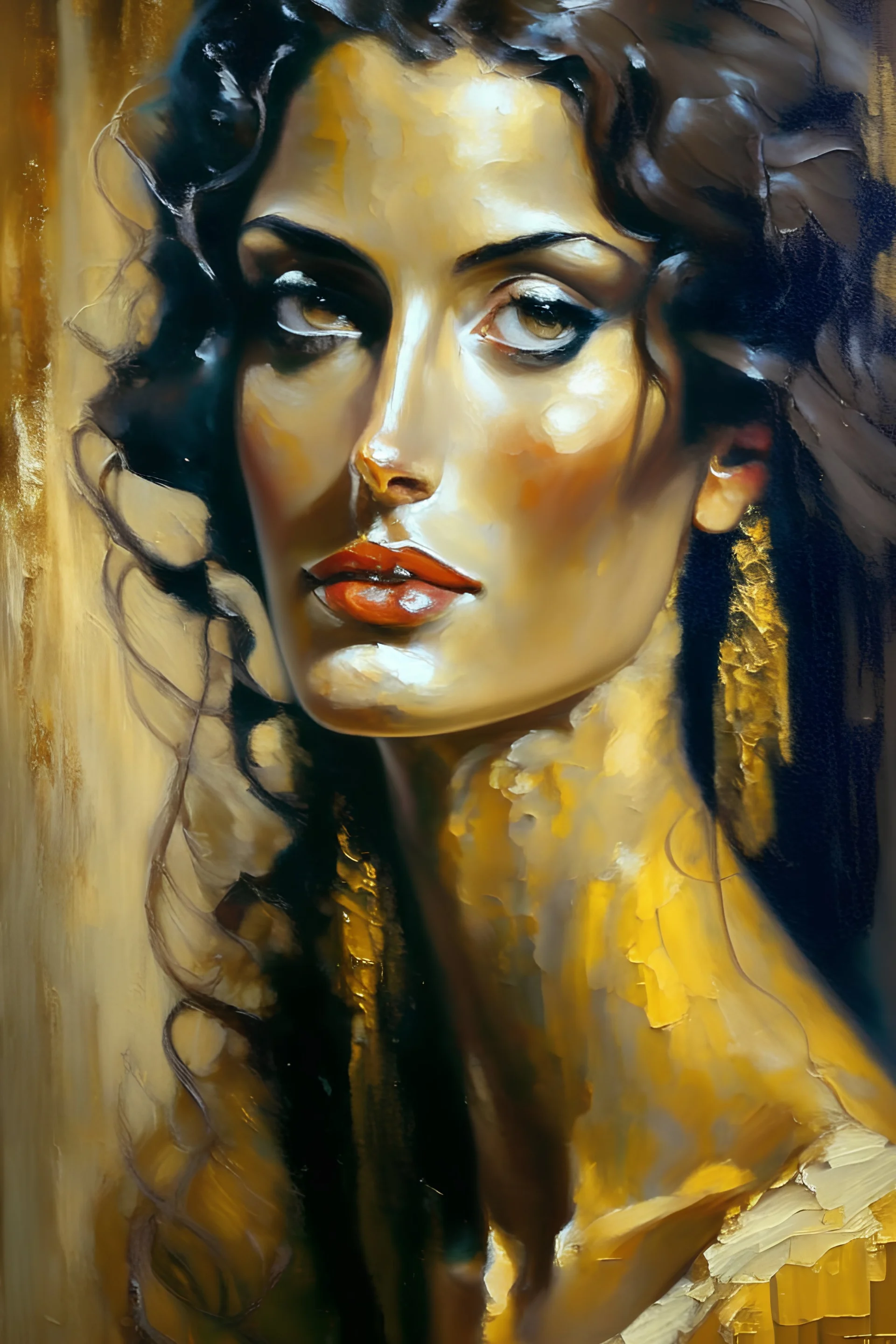 Oil painting of a gorgeous European lady, extremely long neck, wet strokes, oil gloss, thick layers, blast, rough strokes, cracks, smudges, muted pale colours, ultra realistic oil-painting looks, Gustav Klimt, Picasso & Da Vinci fusion style, super high contrast portrait, oil paint diffusion