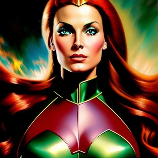 portrait oil on canvas, beautiful busty Jean Grey,green eyes, ,minimal armor,comic book cover, mystical colors,insanely detailed,realistic,intrincate detail, 16k resolution, masterpiece,Frank Frazetta,Alex Horley, Simon Bisley