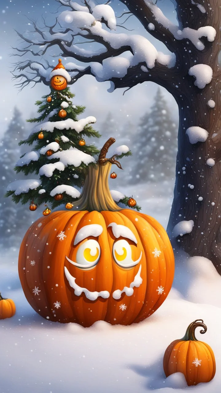 Pumpkin with snow , Merry-x-mas decoration, tree, cartoon, Undertaker, fire and smog