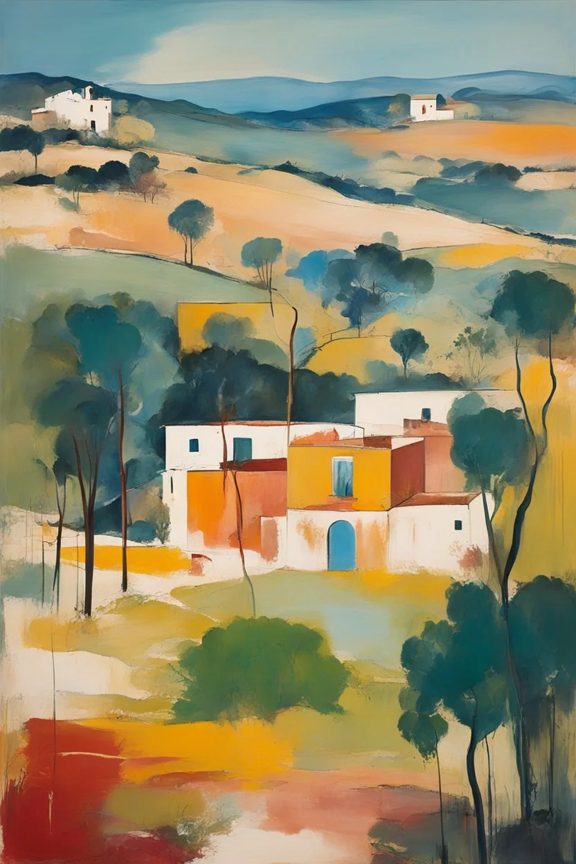 an abstract painting of an idyllic 16th century Spanish villa set amidst rolling hills and ancient olive groves , in the imagery-stain painting style of Helen Frankenthaler and Jean-Michel Basquiat, rich natural colors, museum quality masterpiece