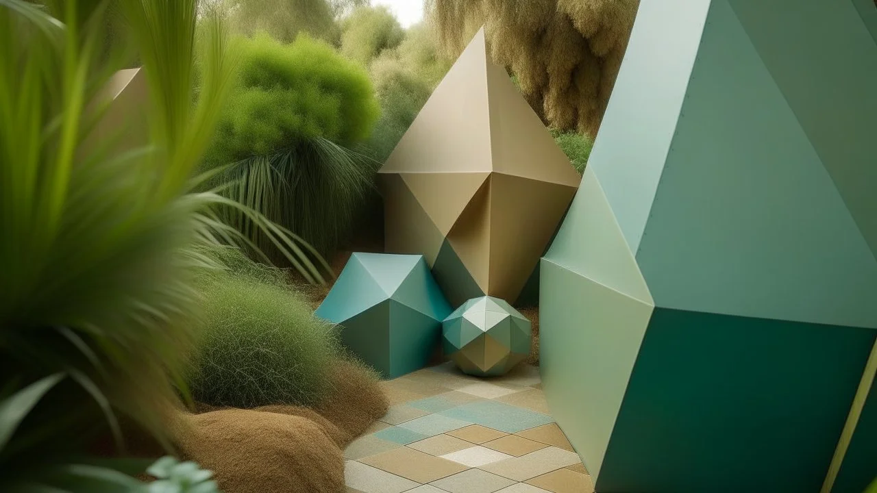 Contemplative and realist photo of a garden of geometric shapes. Colors are light blue, light brown and light green.