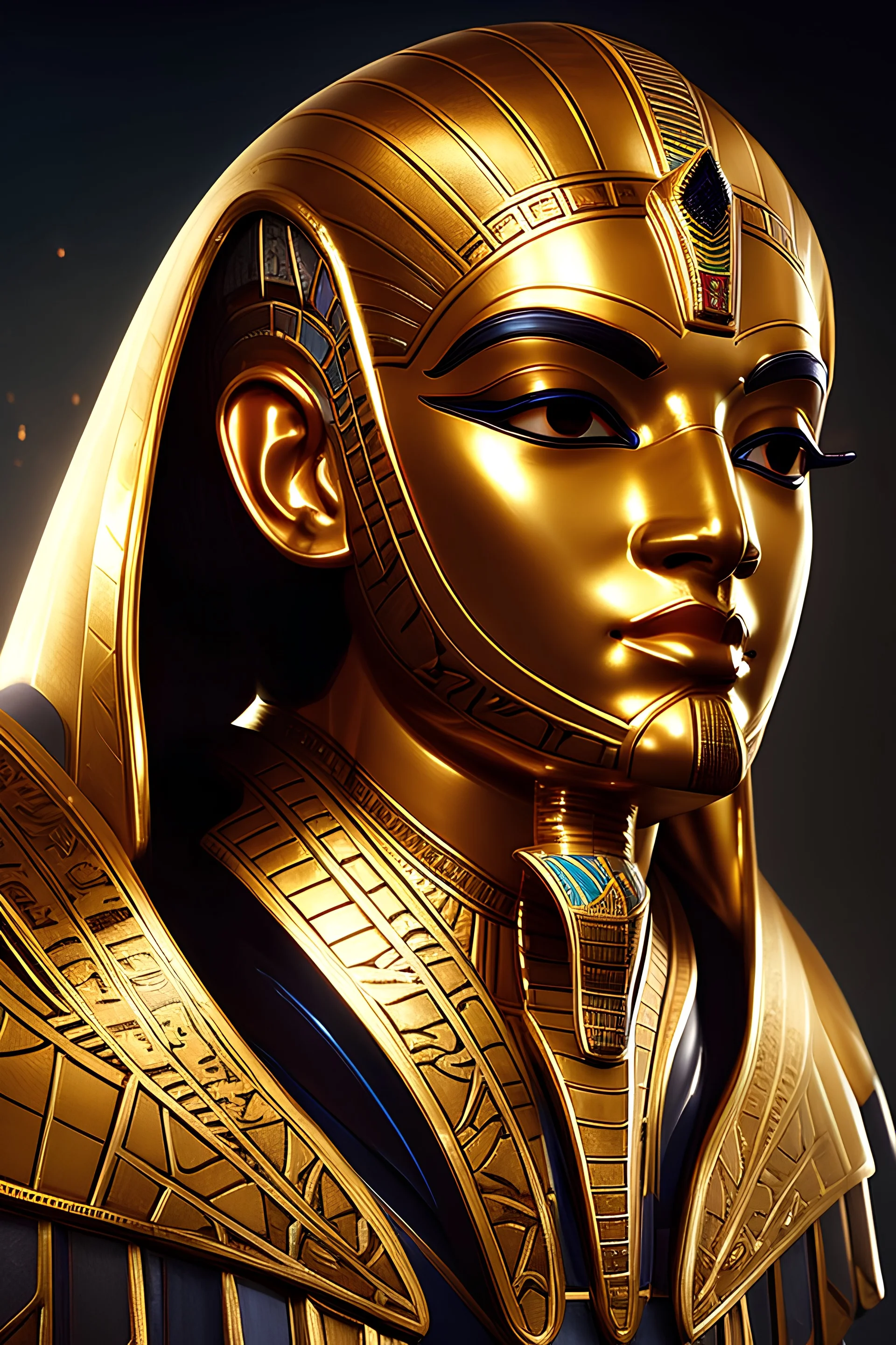 Egyptian god Horus side profile, full body shot, light, intricate, elegant, volumetric lighting, digital painting, highly detailed, artstation, sharp focus, illustration, (intricate details), elegant, wise, beautiful, cinematic lighting