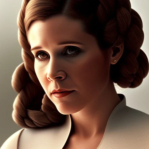 extremely detailed 8k hyperspace wallpaper,complete and photo realistic detailed head to waist stunning photo realistic portrait of carrie fisher as Princess Leia in star wars with photo realistic fine and simple hairstyle, brown eyes, professional majestic photo realistic painting by Ed Blinkey, Atey Ghailan, by Jeremy Mann, Greg Manchess, Antonio Moro, trending on ArtStation, Intricate, High Detail, Sharp focus, dramatic, by greg rutkowski, realism, beautiful and detailed lighting,