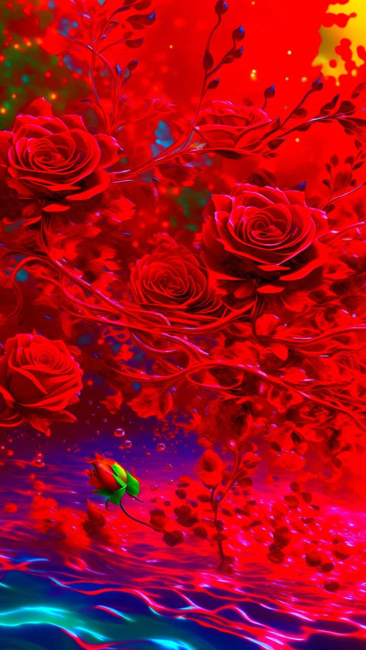 The image is a digital artwork that depicts a red branch of red tree of Red roses and red leaves tangling in to a water in the river with aThe rose floats on the surface of the water, creating a wave-like effect. The background is red , which makes a branch of a tree of red roses stand out even more. Water droplets are scattered adding to the dreamy, ethereal quality of the image.all leaves and background are red