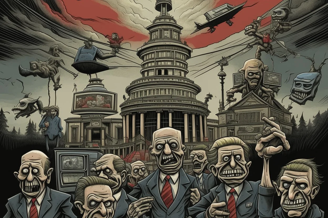 an evil government looms above, wielding puppets below as the news media broadcasts their suffering in the background, dystopian, dread, horror