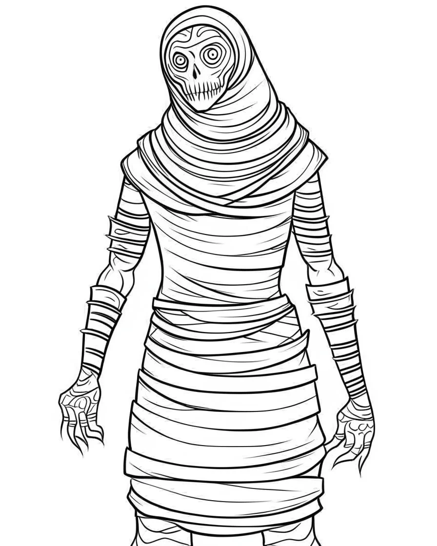 outline art for halloween coloring pages for kids with mummy , white background, Sketch style, full body, only use outline, clean line art, white background, no shadows and clear and well outlined, coloring page for kids,